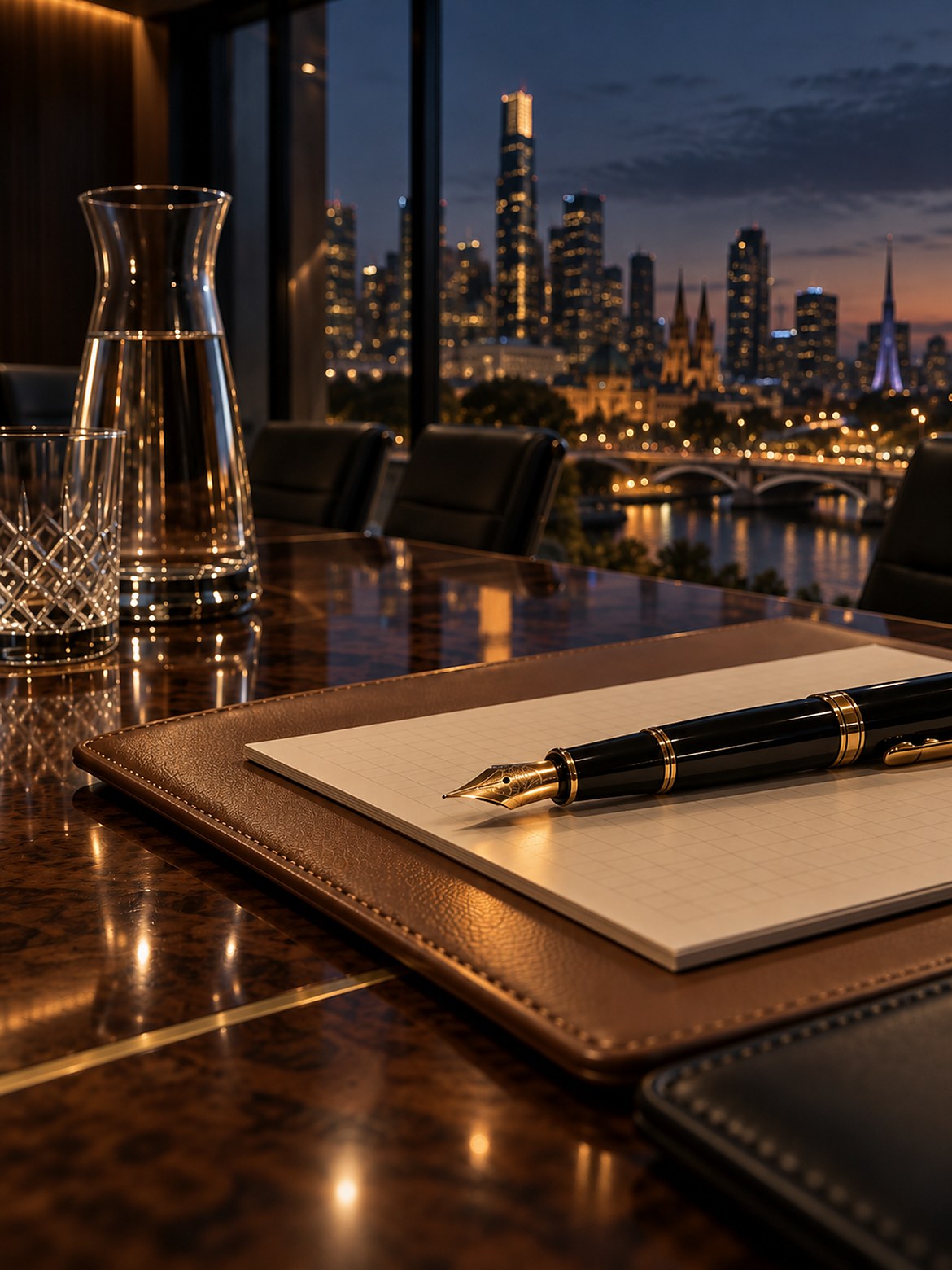 A leather folio and fountain pen on a polished walnut boardroom table, with Melbourne and the Yarra River glowing beyond the glass.