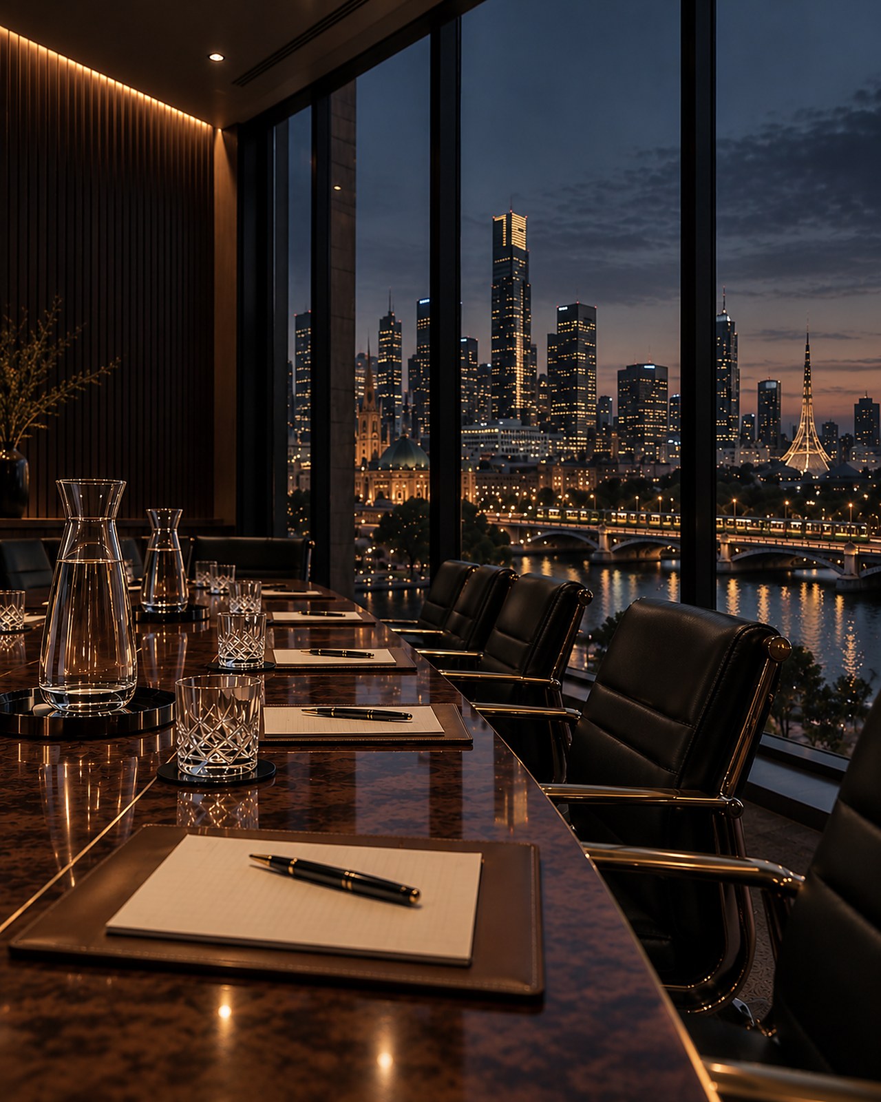 A row of leather boardroom chairs beside a long walnut table, with the Melbourne skyline and the Yarra River glowing through floor-to-ceiling glass at dusk.